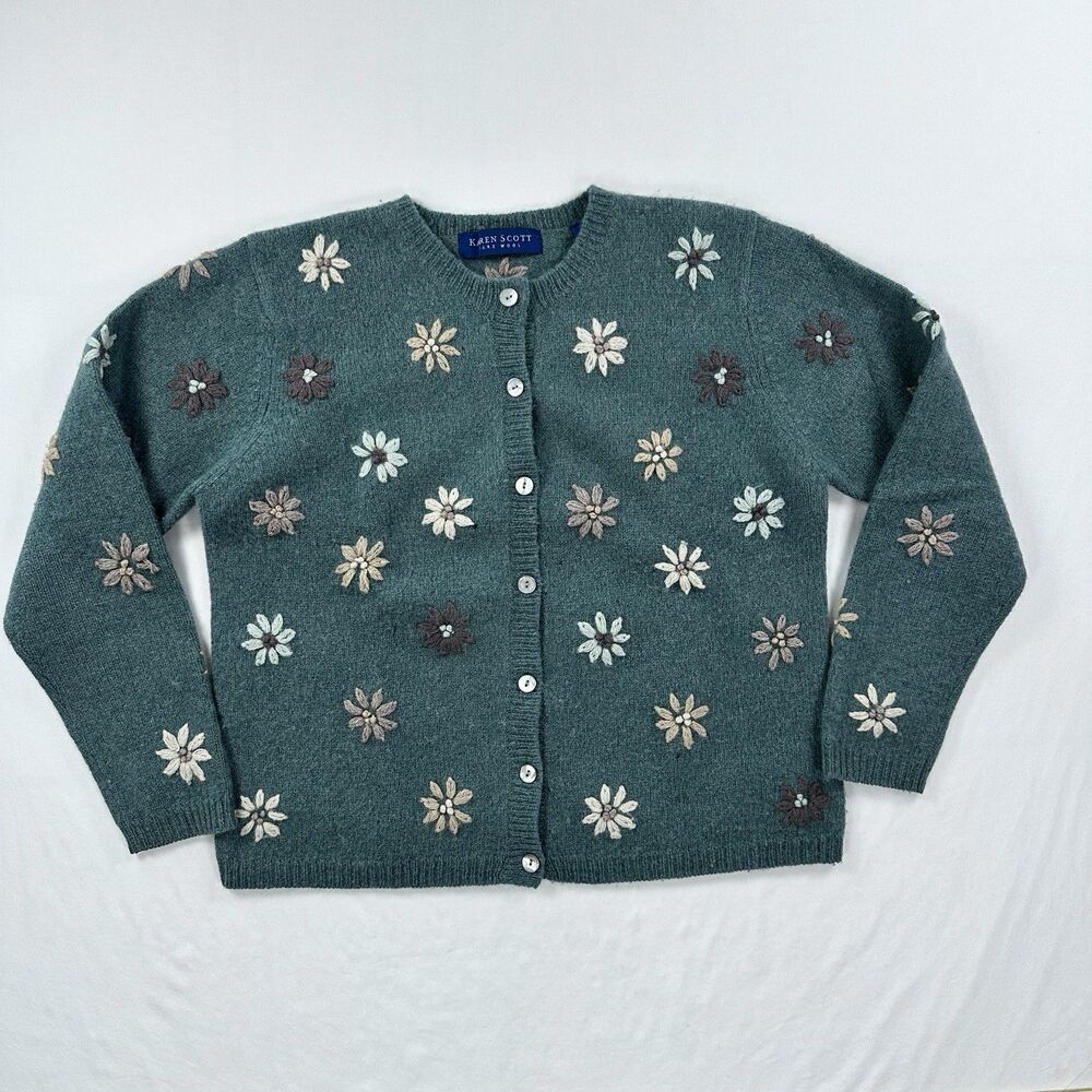 Karen Scott Wool Cardigan Sweater Womens Medium Green Floral Embroidered SEE